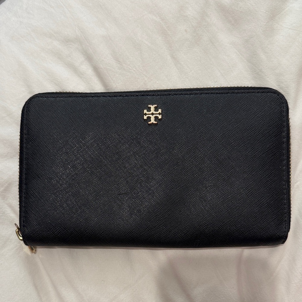Tory Burch Black Zip-Around Saffiano Wallet with Gold Logo